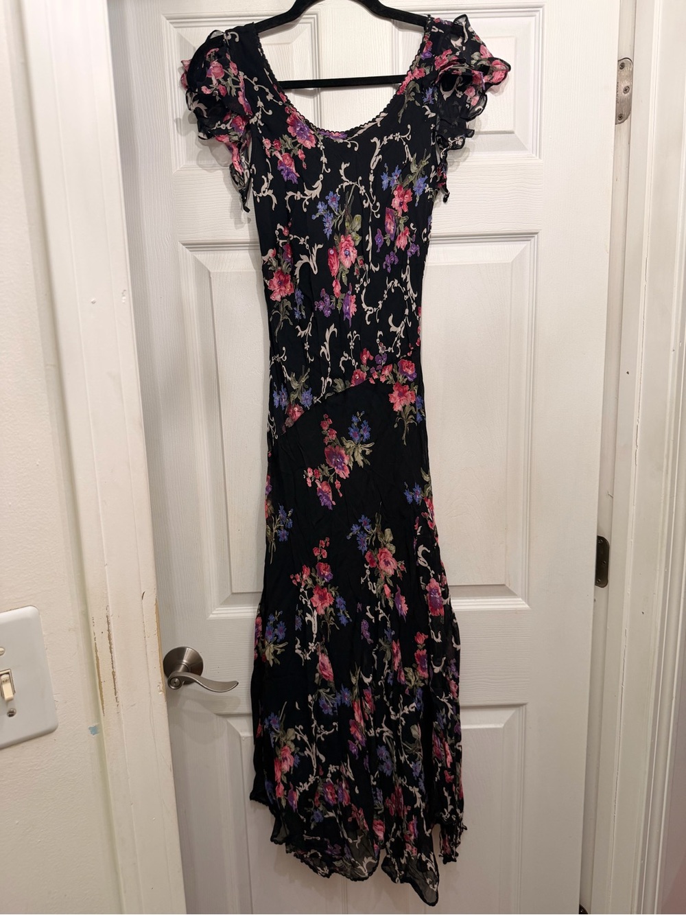 Vintage silk Black Floral embroidered Maxi Dress with Ruffle Sleeves
